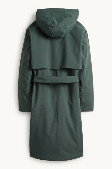 Women - Coat with hood and belt - lined - water-repellent - dark green