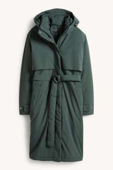 Women - Coat with hood and belt - lined - water-repellent - dark green