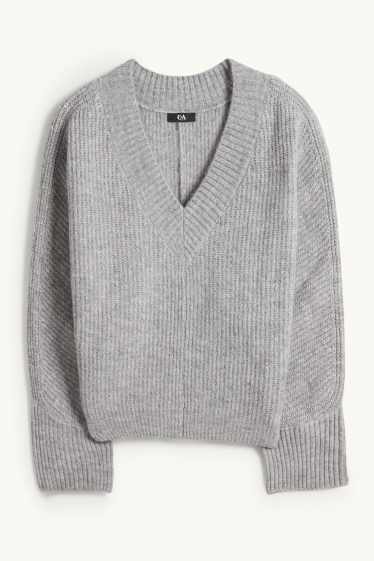 Damen - Pullover mit V-Ausschnitt - gerippt - hellgrau-melange