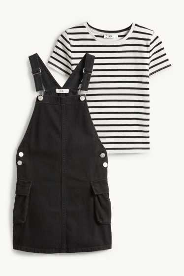 Kinderen: meisjes - Set - T-shirt en denim overgooier - 2 delig - zwart / wit