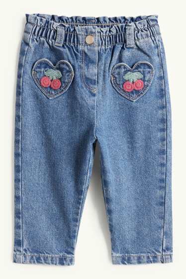 Baby: meisjes - Kers - babyspijkerbroek met gehaakte applicaties - jeansblauw