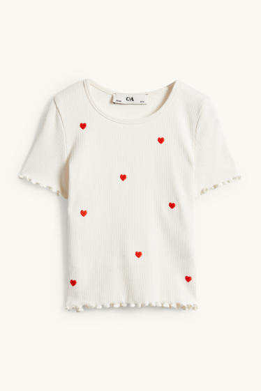 Bambine - Cuore - maglia a maniche corte - a coste - bianco crema