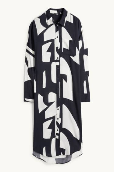 Damen - Viskose-Blusenkleid - gemustert - dunkelblau / weiß