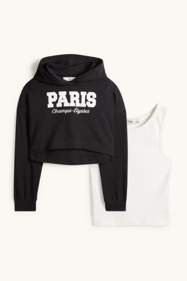 Children Girls - Paris - set - hoodie and top - 2 piece - black / white