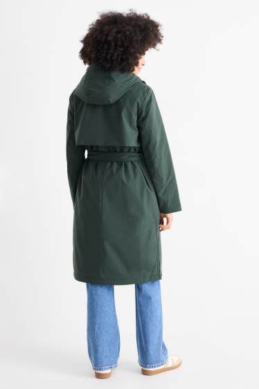 Women - Coat with hood and belt - lined - water-repellent - dark green