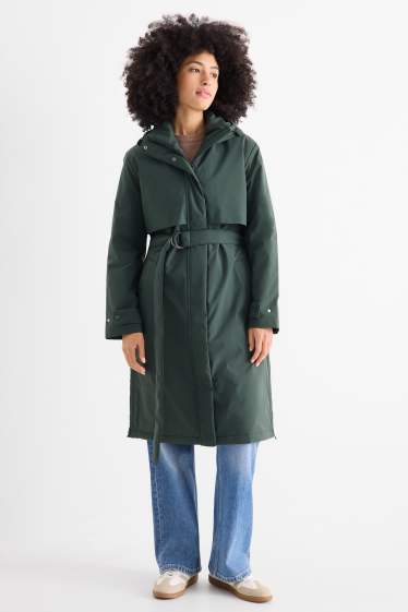 Women - Coat with hood and belt - lined - water-repellent - dark green
