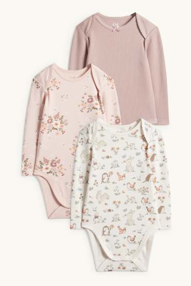 Bébés filles - Lot de 3 - animaux et petites fleurs - bodys bébé - blanc crème