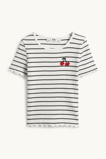 Kinder Mädchen - Kirsche - Kurzarmshirt - gerippt - gestreift - weiss