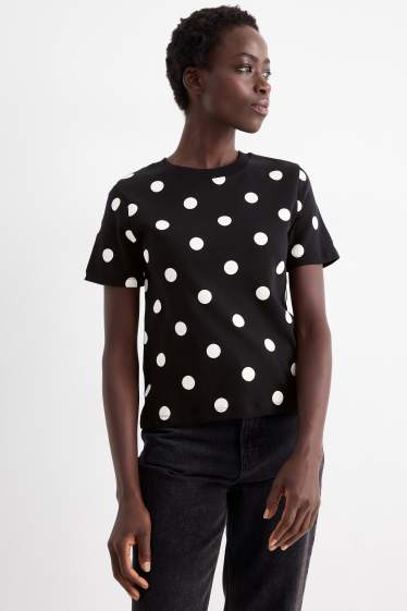 Women - T-shirt - slim fit - polka dot - black / white