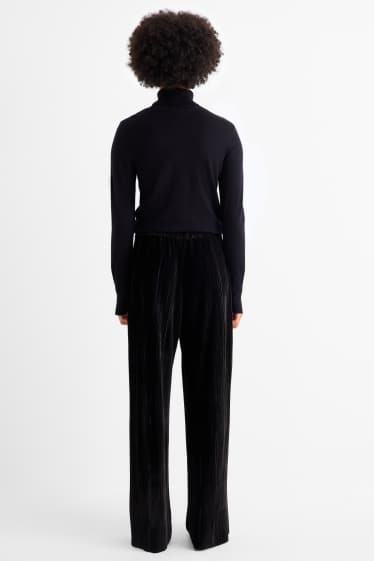 Donna - Pantaloni in velluto a pieghe - vita alta - gamba larga - nero
