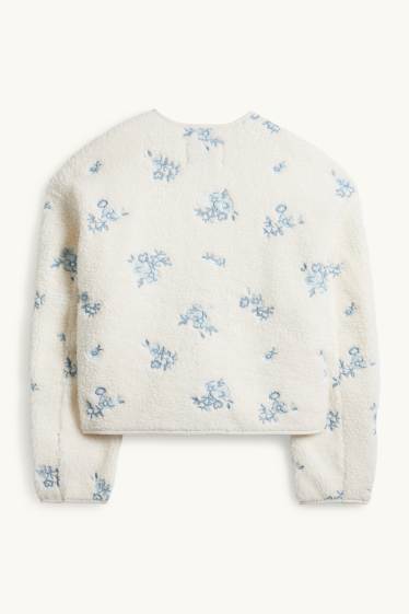 Femmes - Veste en peluche - à fleurs - blanc / bleu clair