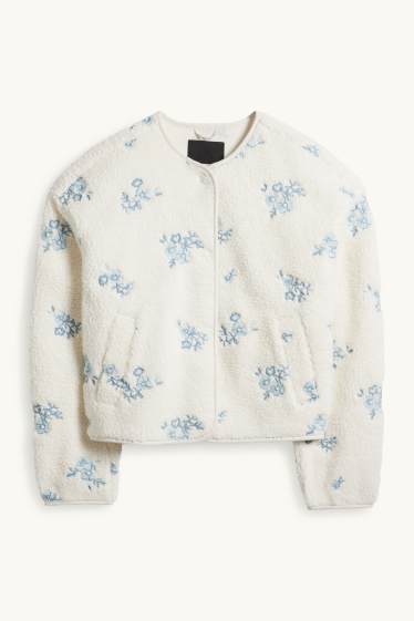 Femmes - Veste en peluche - à fleurs - blanc / bleu clair