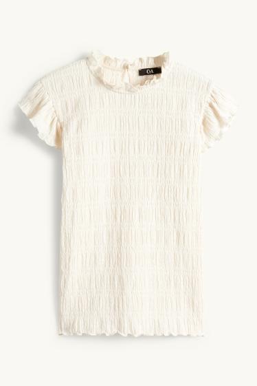 Femmes - T-shirt - regular fit - finition smockée - blanc crème