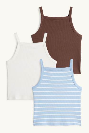 Kinderen: meisjes - Set van 3 - top - ribstof - wit / lichtblauw