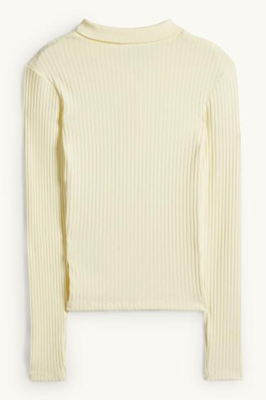 Women - Polo shirt - slim fit - ribbed - light yellow