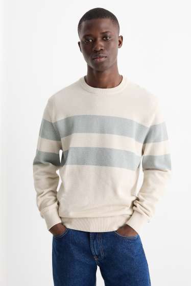 Pánské - Svetr - pruhovaný - strukturovaný - světle béžová