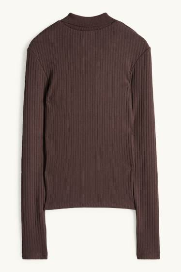 Women - Polo shirt - slim fit - ribbed - dark brown