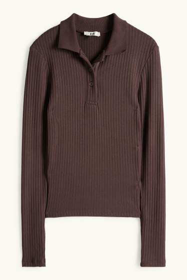 Women - Polo shirt - slim fit - ribbed - dark brown