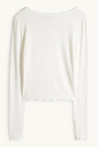 Femmes - Haut court à manches longues - regular fit - finition côtelée - blanc