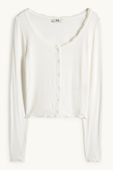 Femmes - Haut court à manches longues - regular fit - finition côtelée - blanc