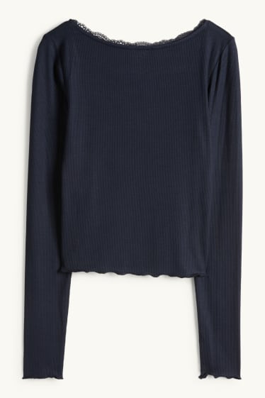 Femmes - Haut court à manches longues - regular fit - finition côtelée - bleu foncé