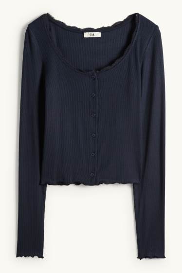 Femmes - Haut court à manches longues - regular fit - finition côtelée - bleu foncé