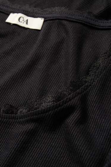 Dames - Korte longsleeve - regular fit - geribd - zwart