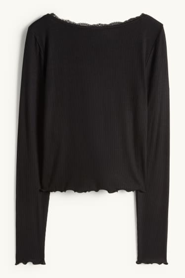 Dames - Korte longsleeve - regular fit - geribd - zwart