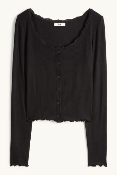 Dames - Korte longsleeve - regular fit - geribd - zwart