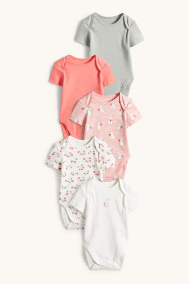 Baby Mädchen - Multipack 5er - Häschen und Erdbeere - Baby-Body - weiss / rosa