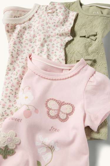 Baby Mädchen - Multipack 3er - Blümchen - Baby-Crochet-Kurzarmshirt - grün / rosa