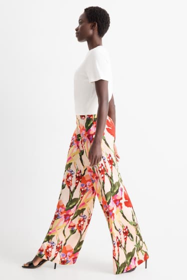Damen - Stoffhose - High Waist - Wide Leg - geblümt - bunt