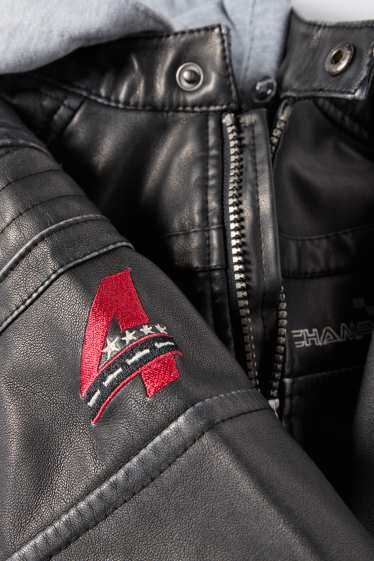 Copii - Băieți - Curse - jachetă de motociclist cu glugă - imitație de piele - gri închis