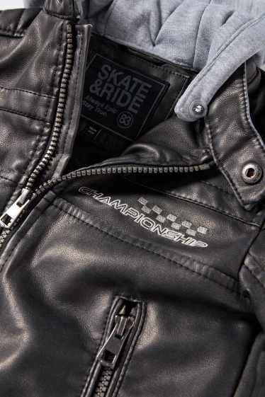Copii - Băieți - Curse - jachetă de motociclist cu glugă - imitație de piele - gri închis