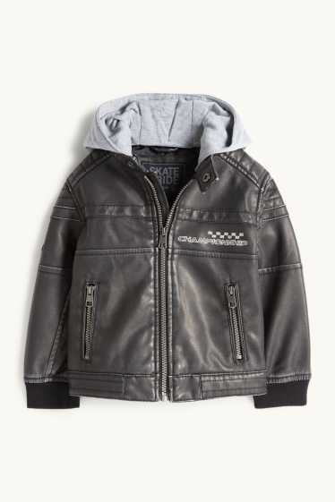 Copii - Băieți - Curse - jachetă de motociclist cu glugă - imitație de piele - gri închis