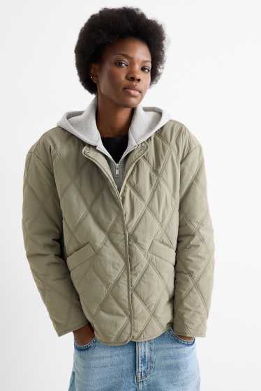Women - Quilted jacket with hood - green