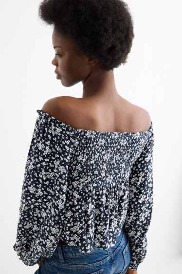 Donna - Blusa corta - arricciata - blu scuro / bianco