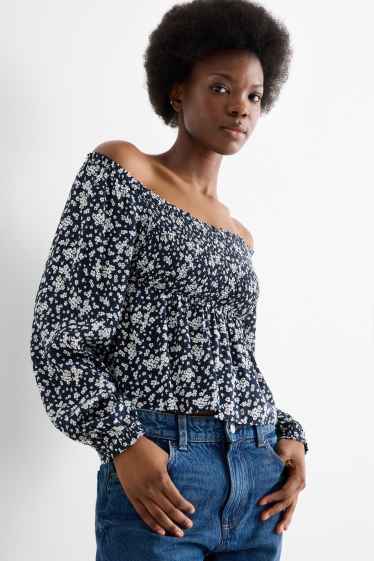 Donna - Blusa corta - arricciata - blu scuro / bianco