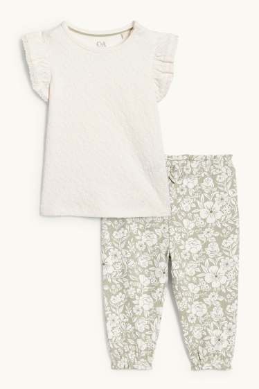 Baby Mädchen - Blümchen - Baby-Outfit - 2 teilig - grün / cremeweiß