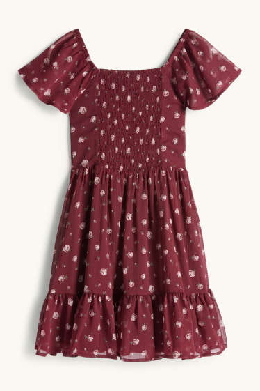 Kinder Mädchen - Chiffon-Kleid - geblümt - gesmokt - bordeaux