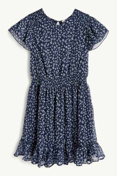 Děti - dívky - Šifonové šaty - s květinovým vzorem - tmavomodrá
