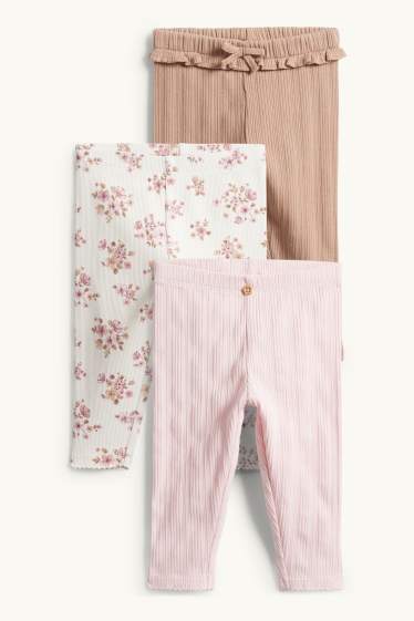Baby Mädchen - Multipack 3er - Blümchen - Baby-Leggings - gerippt - weiß / rosa