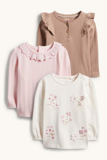 Baby Mädchen - Multipack 3er - Blümchen - Langarmshirt - weiß / rosa