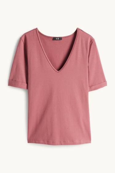 Femmes - T-shirt avec encolure en V - slim fit - rose foncé
