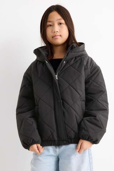 Kinder Mädchen - Steppjacke mit Kapuze - wasserabweisend - schwarz