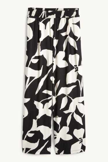 Femei - Pantaloni de stofă - talie medie - straight fit - cu flori - negru / alb