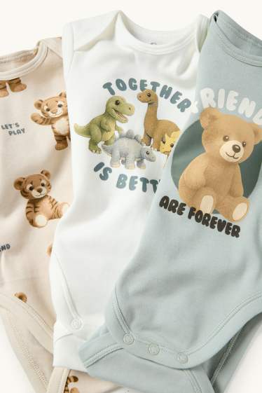 Unisex - Multipack 3er - Teddybär, Dino und Tiger - Baby-Body - hellbeige