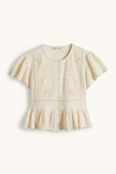 Kinderen: meisjes - Bloem - blouse van mousseline - beige