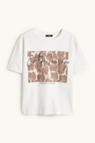 Femmes - T-shirt - relaxed fit - finition brillante - imprimé léopard - blanc