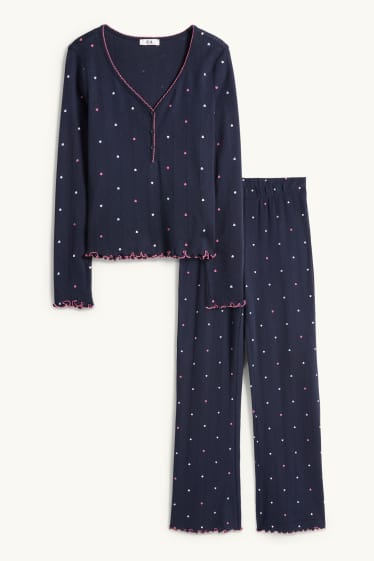 Damen - Pointelle-Pyjama - gemustert - dunkelblau